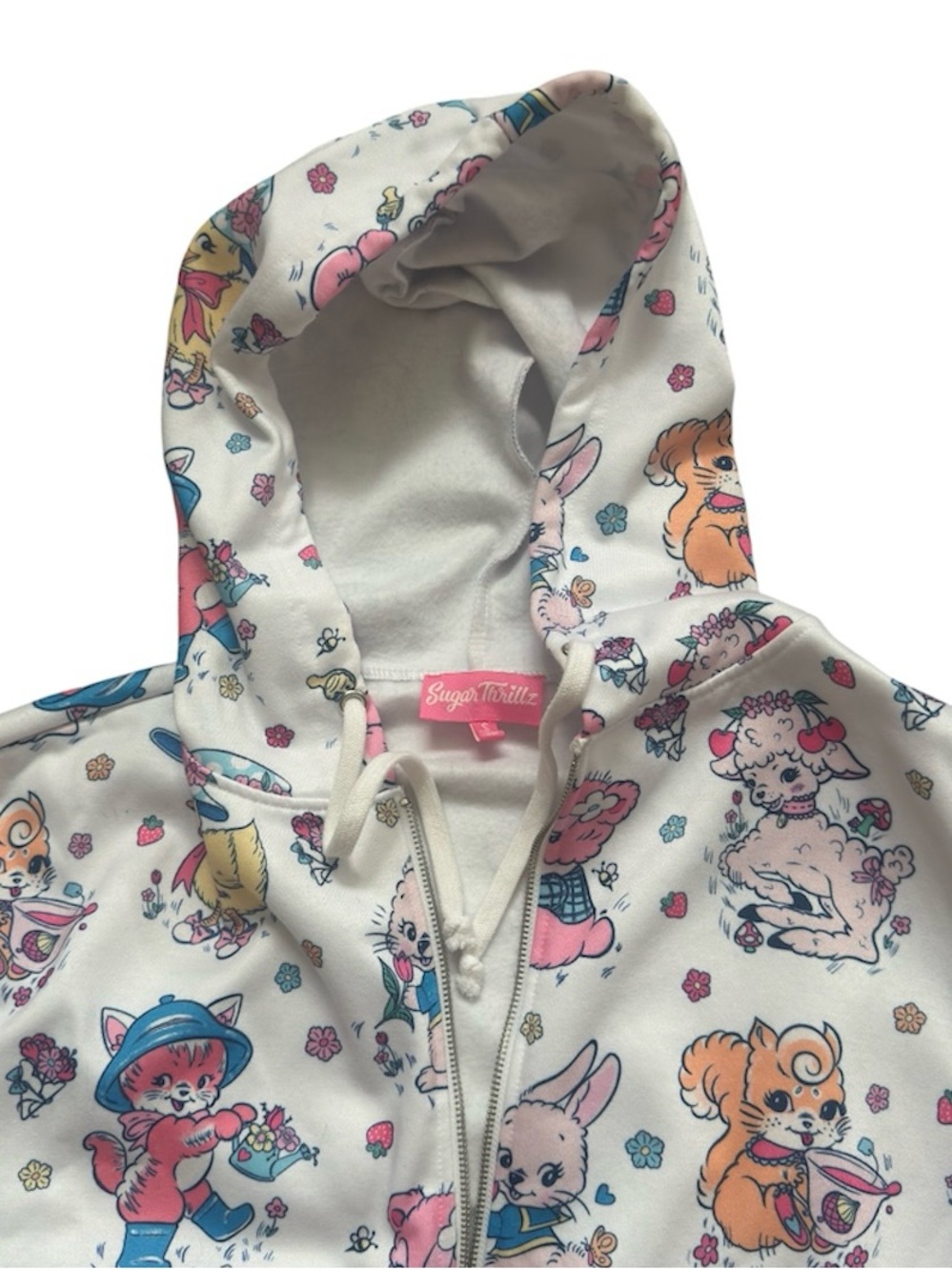 Sugar Thrillz White Hooded Zip-Up Pajama Top with Pastel Cartoon Characters - Picture 2 of 5